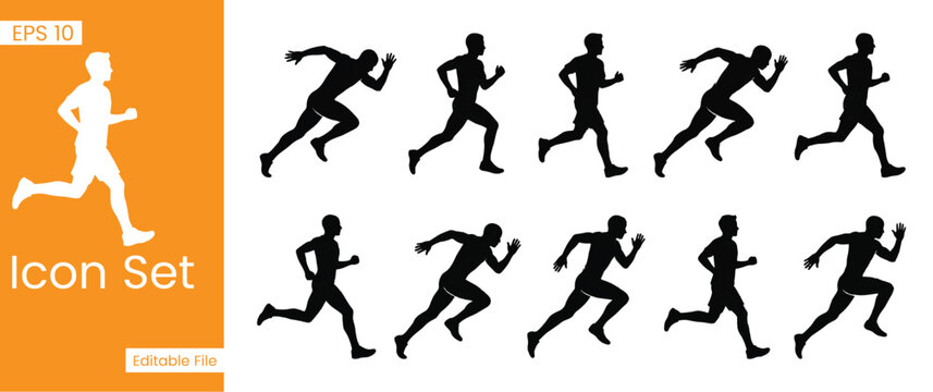 Runner Motion Sequences and Sprinting Athlete Icon Set Premium Vector Silhouettes for Running Cycle Marathon Training and Track Sports