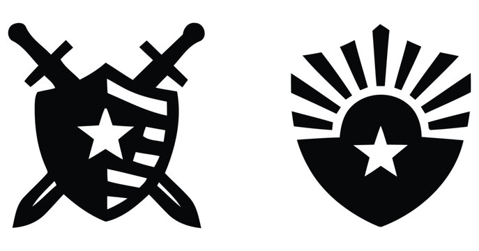crossed swords and shield with star silhouette against a white background