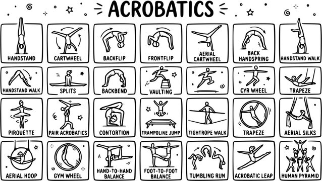 Black and White Line Art Icons of Acrobatics, Gymnastics, Circus Performance and Sports