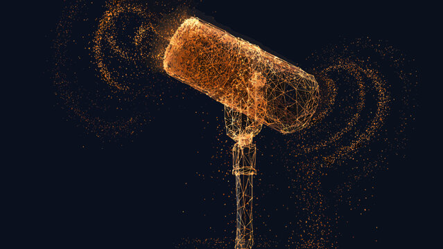 Microphone formed by golden light nodes illustrates the power of digital communication and public speaking in a modern technological landscape.