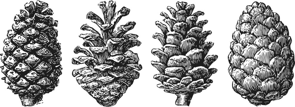 Vintage pine cones engraving set hand drawn pinecone illustrations botanical natural rustic forest autumn conifer seed dry textured art botanical design