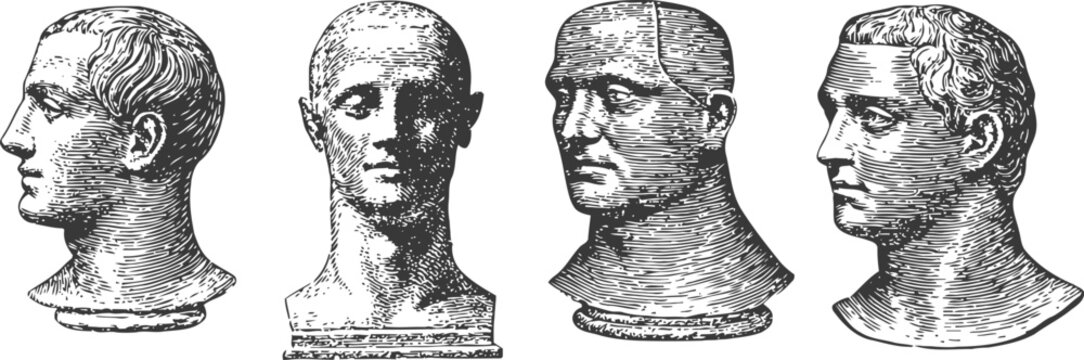 Antique phrenology head illustrations with side and front views displaying cranial contours