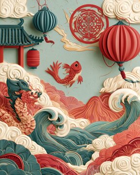 Mythological East Asian painting featuring fox, pagodas, and vibrant cultural festival motifs