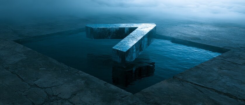 Minimalist concept of lucky number seven reflection in deep blue fog
