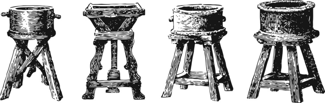 vintage wooden stools hand drawn antique rustic seating furniture sketch set, four distinct stool designs with textured wood grain and sturdy legs