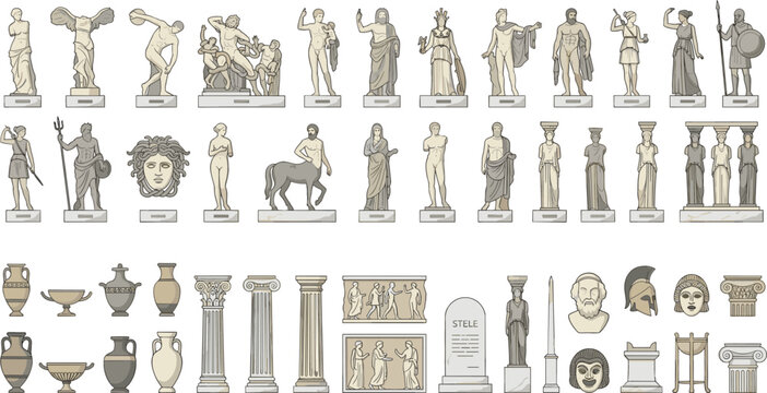 Ancient Greek and Roman Antiquity Mega Bundle Vector Set Featuring Classic Statues Gods Columns Vases and Historic Mythology Sculptures