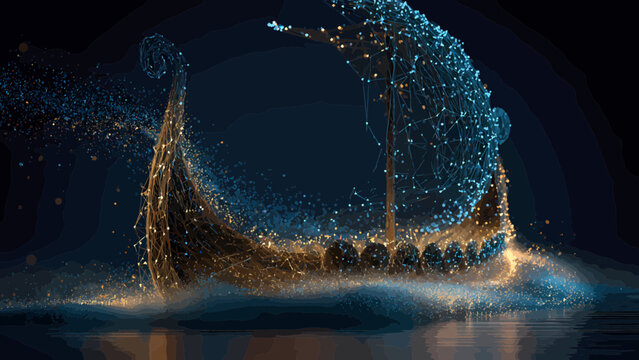 Viking ship sailing through turbulent waters is illuminated by a magical trail of glowing blue and gold light particles.