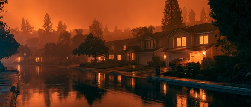 Serene Morning Mist Over Riverside Village at Sunset