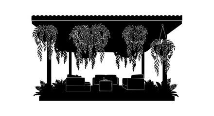 Obraz premium Minimalist silhouette of an outdoor patio with hanging plants and furniture