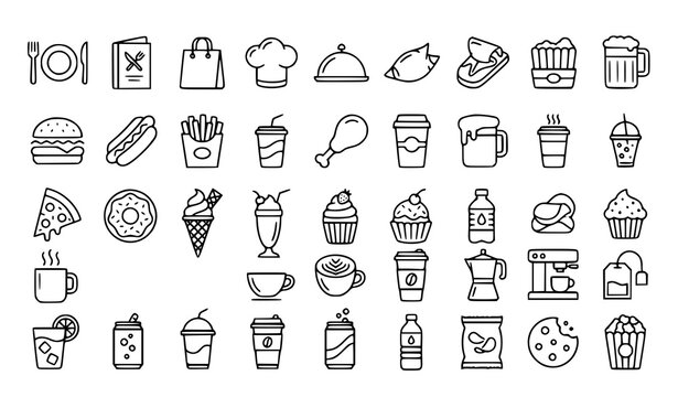 Fast Food and Beverage Outline Icon Set Vector Illustration