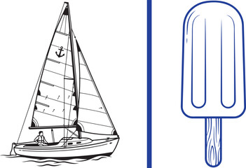 Sailboat with anchor symbol and popsicle on a stick vector line art illustration for summer and nautical themes © RezaVya 01