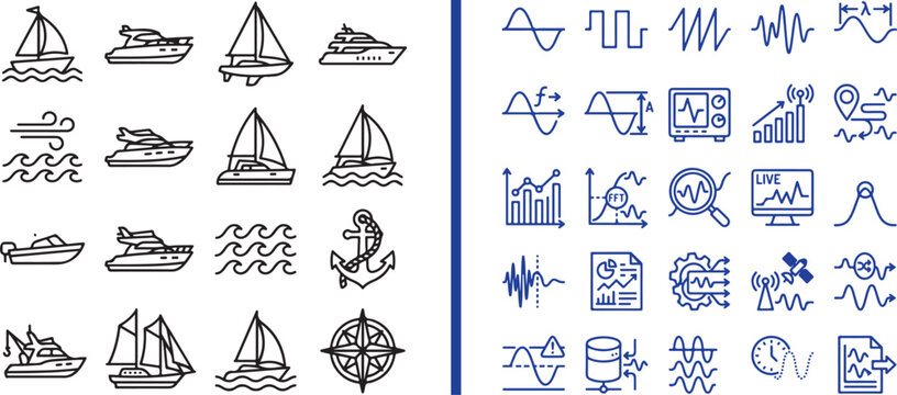 Vector line icon set featuring nautical maritime symbols and signal processing data analysis graphics for navigation and electronics design