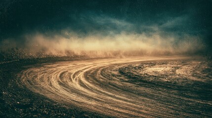 Fototapeta premium Dramatic dirt race track curve with dust under a starry night sky