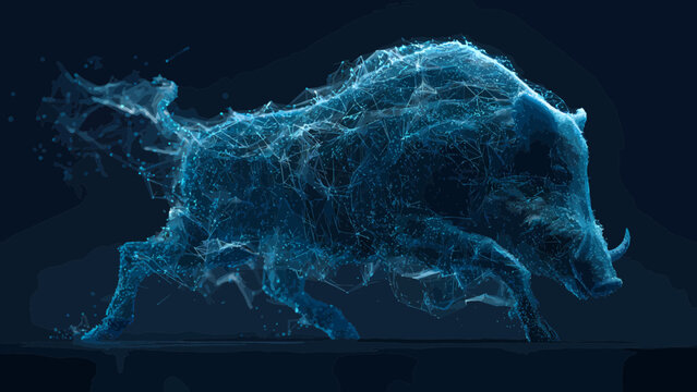 Boar rendered in a digital blue particle mesh charges forward as a symbol of untamed virtual power.