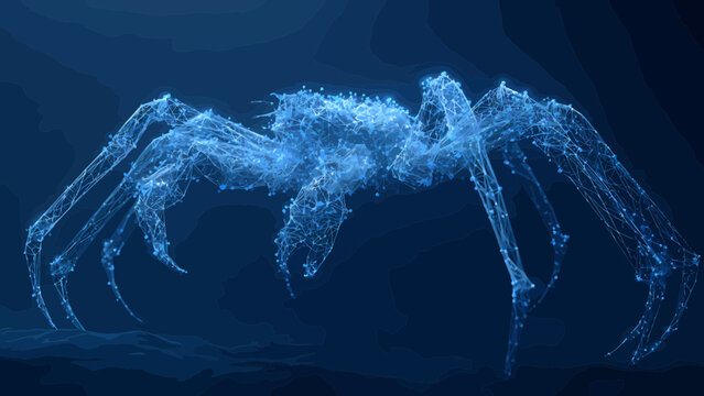 Crab formed from glowing blue digital particles stands against a dark background symbolizing marine technology.