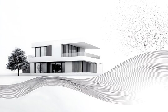 Modern luxury house design with artistic wavy line pattern and single tree