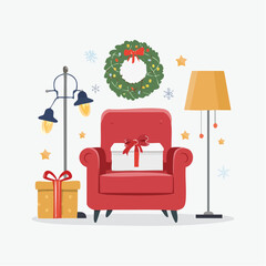 Naklejka premium Cozy Christmas Scene with Armchair, Gifts, and Wreath