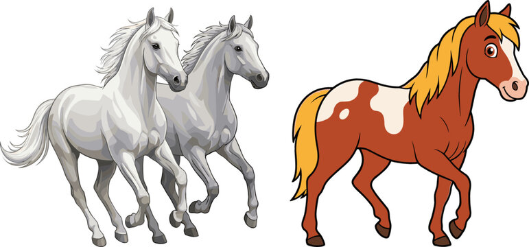 Beautiful Galloping White Stallions and Cute Cartoon Brown Pinto Horse Vector Set for Equine Ranch and Children Graphic Designs