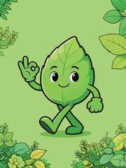 Fototapeta premium Cute Cartoon Leaf Mascot Doing OK Gesture While Walking