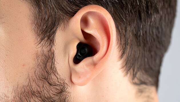 Close-up of a person's ear with a small black earbud inserted, highlighting the anatomy of the ear and the discreet technology.