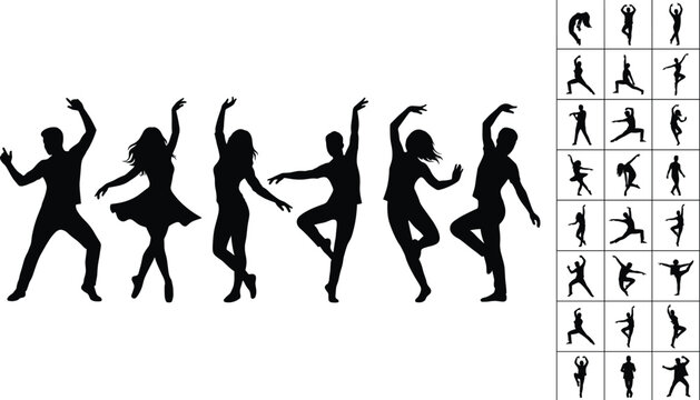 Set of black silhouettes of people dancing and doing yoga poses vector illustration collection isolated on white background