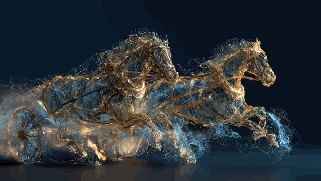 Horses running at full gallop are depicted as ethereal golden energy forms to symbolize power, speed, and the fluid grace of animal motion.
