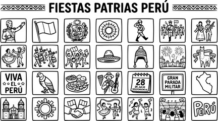 Black and White Line Art Glyphs: Peruvian National Holidays. Collection of patriotic symbols, cultural traditions, and Independence Day elements from Peru. © pixsource