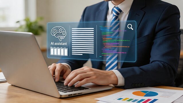 AI assistant helping with coding and data analysis, artificial intelligence interface showing brain icon and programming code for software development and tech solutions.