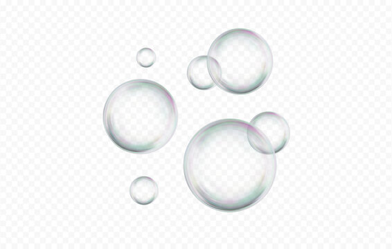 3D Soap bubble floating on transparent background. Water foam bubbles with rainbow colors. Realistic iridescent ball. Soap transparent balloon. 3D Vector illustration