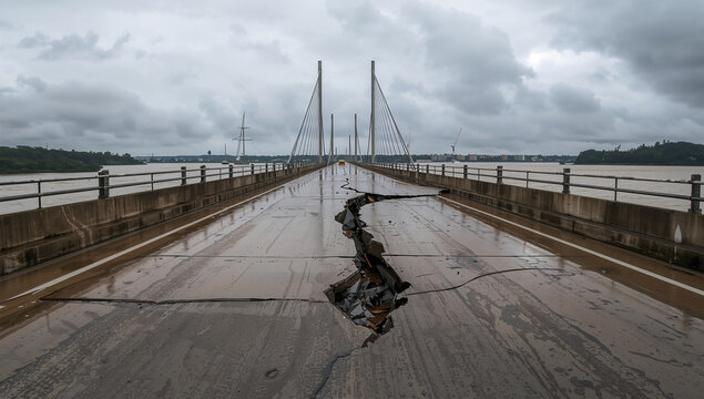台風通過後に大きく損傷した橋梁と増水河川の災害写真