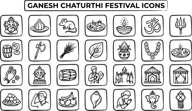 Ganesha Chaturthi Festival Icons: Line Art for Indian Hindu Religious Celebration