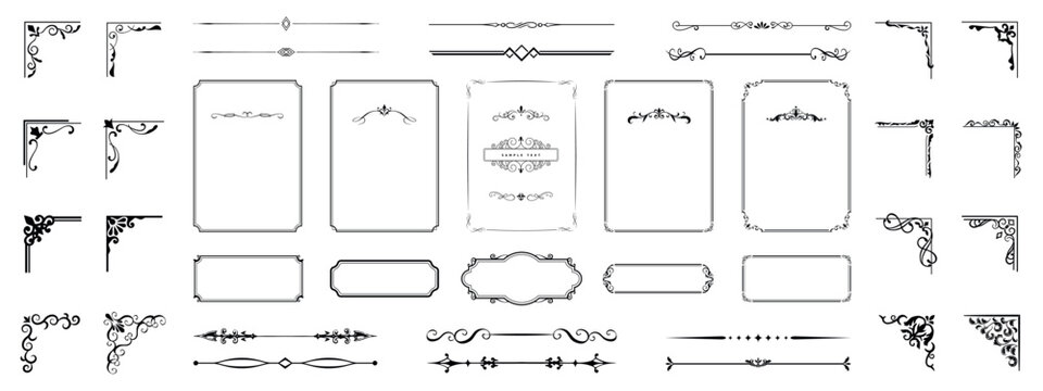 Vintage ornamental frame and decorative border collection isolated on white background, elegant elements for invitations, branding and templates.