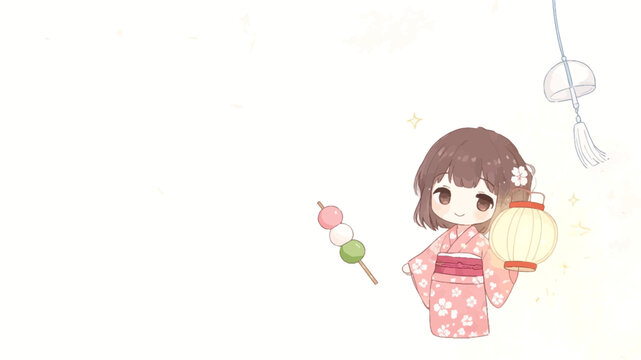 Cute chibi girl in pink yukata kimono holding lantern and dango for Japanese summer festival illustration