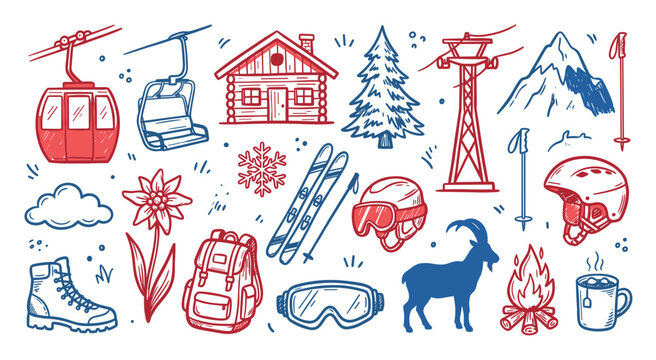 Hand-drawn red and blue winter and mountain sports icons, including ski lift, cabin, and equipment, in a doodle style