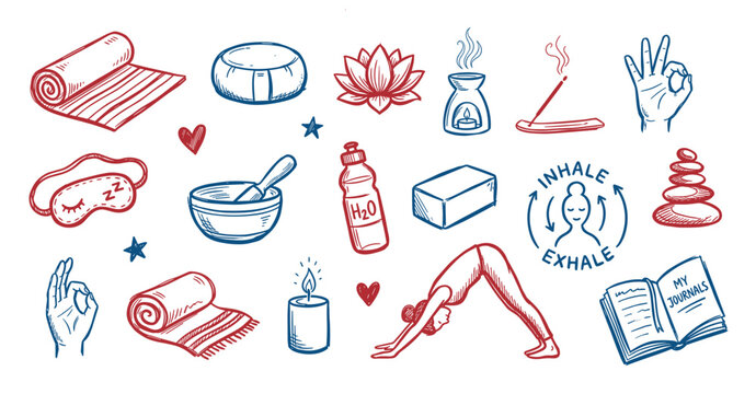 Hand-drawn red and blue yoga and meditation elements are scattered across a clean white surface, depicting wellness and mindfulness