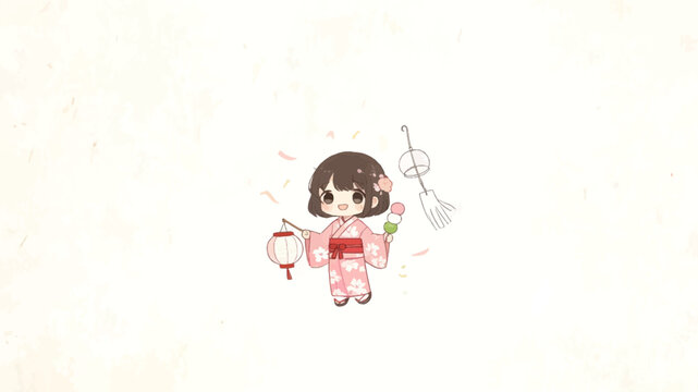 Cute chibi girl in pink yukata kimono holding lantern and dango for Japanese summer festival illustration