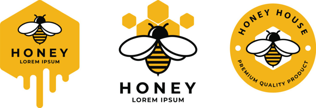 Set of three modern honey bee logos featuring stylized bee illustrations with hexagonal honeycomb elements and honey dripping effects suitable for branding packaging and product labels