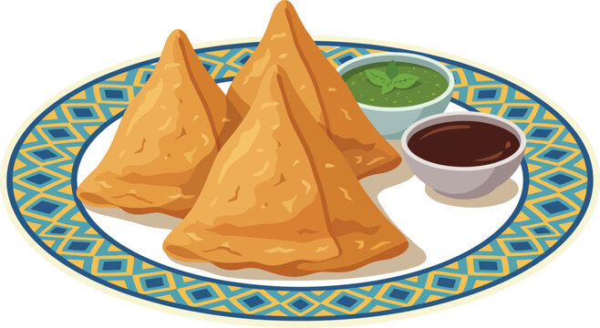 Vector art of crispy golden brown samosas served on an ornate blue and gold patterned plate with side chutneys and fresh mint highlighting indian snack cuisine detailed illustration vibrant
