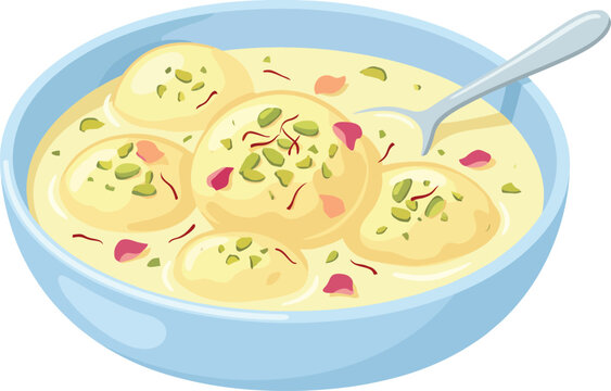 Vector design of a traditional indian sweet dish with round dumplings in a creamy yellow sauce garnished with chopped pistachios and saffron strands served in a light blue bowl with a spoon