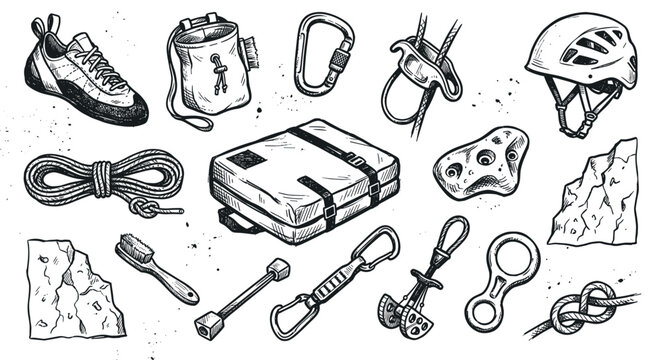Various hand-drawn climbing gear items are scattered across a white surface, showcasing essential equipment for rock climbing and bouldering