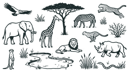 Obraz premium Various black and white safari animals and plants are depicted in a hand-drawn style, showcasing diverse wildlife