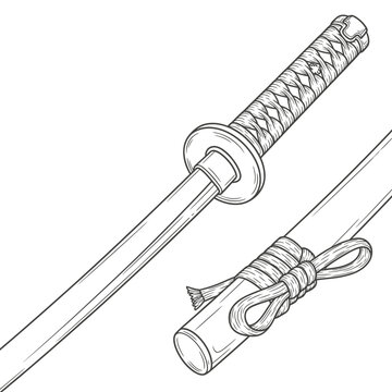 Detailed sketch of katana sword hilt and scabbard.