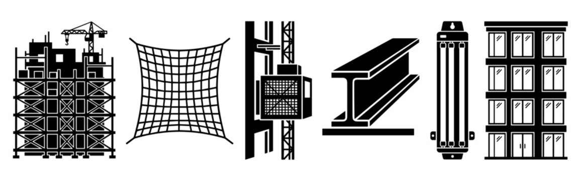 Various black and white construction icons illustrate building elements, safety equipment, and structural components in a clear, graphic style