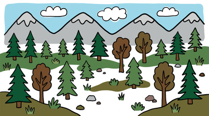 Fototapeta premium Charming hand-drawn cartoon landscape depicts a serene forest with various trees and mountains under a blue sky with clouds
