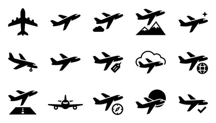 Fototapeta premium Collection of black airplane icons depicting various flight scenarios and travel-related concepts in a graphic, minimalist style