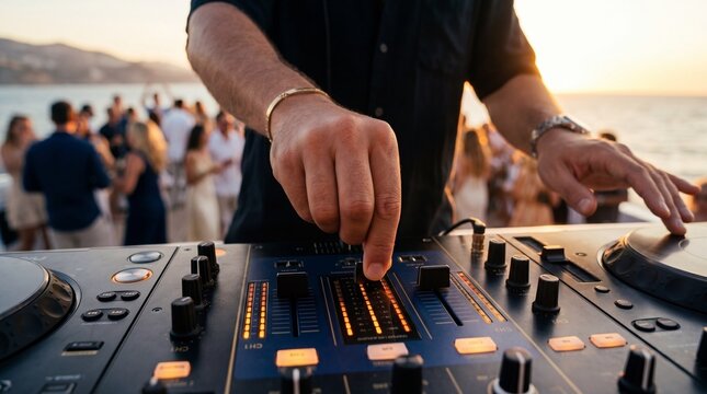 DJ performing at sunset on yacht with crowd dancing