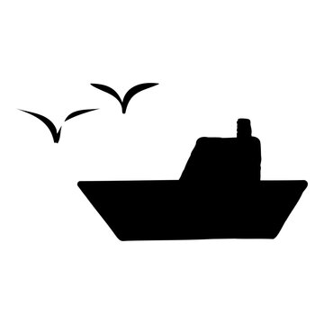 Hand Drawn Boat With Seagulls Silhouette Illustration