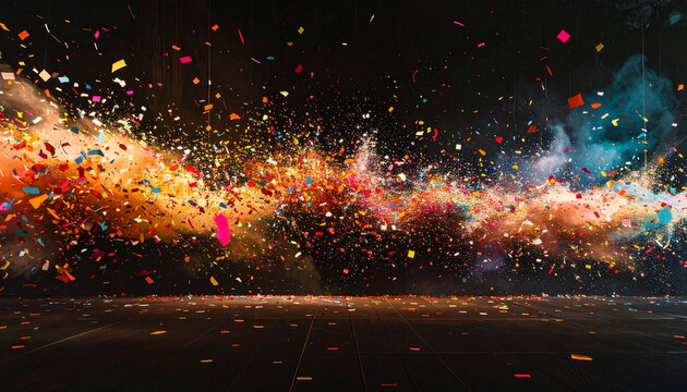 Explosion de confettis color&eacute;s sur fond sombre