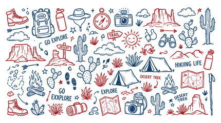 Obraz premium Hand-drawn desert adventure and hiking doodle icons featuring various outdoor elements in a playful style
