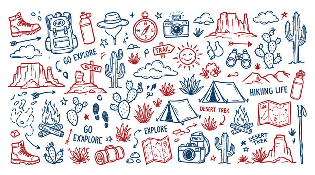 Hand-drawn desert adventure and hiking doodle icons featuring various outdoor elements in a playful style
